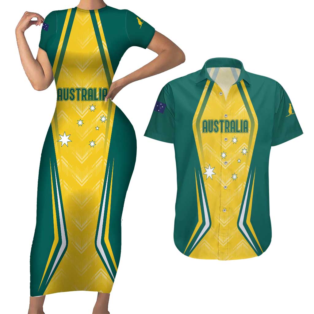 Australia 2024 Olympics Custom Couples Matching Short Sleeve Bodycon Dress and Hawaiian Shirt Rise of the Roos