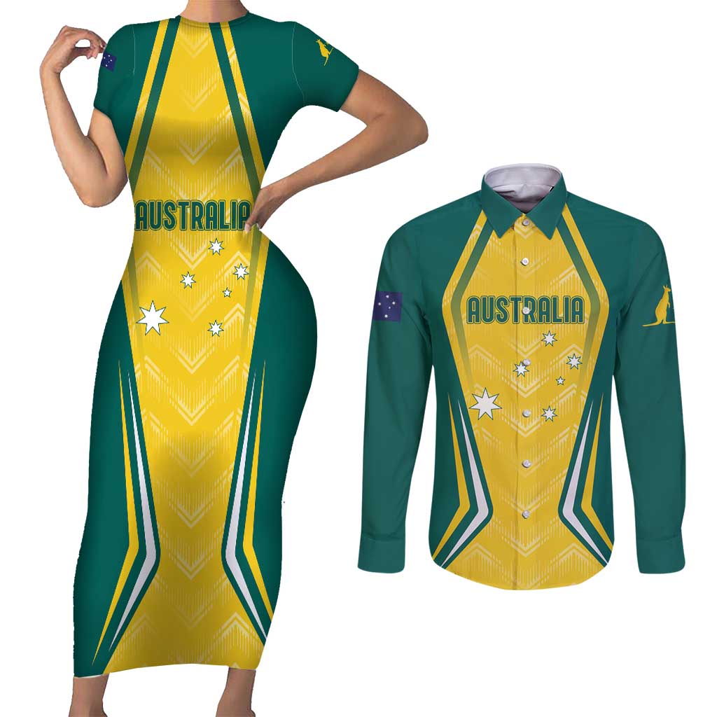 Australia 2024 Olympics Custom Couples Matching Short Sleeve Bodycon Dress and Long Sleeve Button Shirt Rise of the Roos