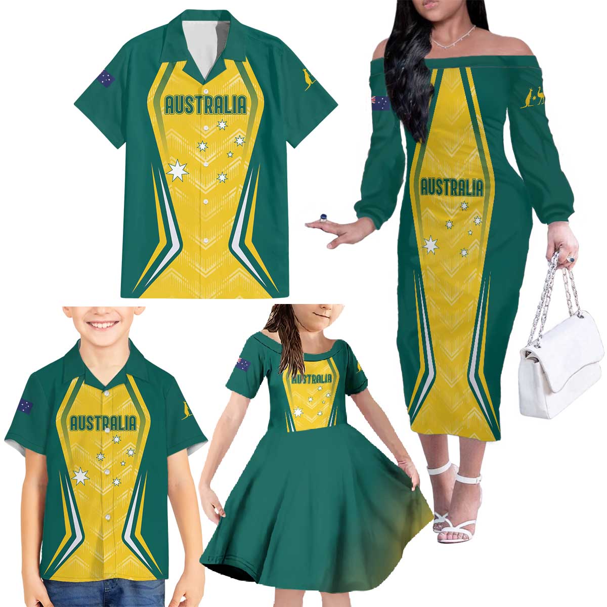 Australia 2024 Olympics Custom Family Matching Off The Shoulder Long Sleeve Dress and Hawaiian Shirt Rise of the Roos