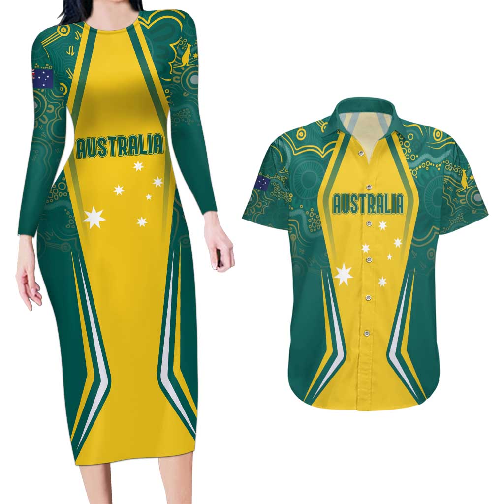 Australia 2024 Olympics Custom Couples Matching Long Sleeve Bodycon Dress and Hawaiian Shirt Rise of the Roos Aborignal Style