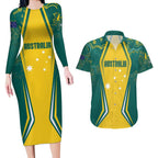 Australia 2024 Olympics Custom Couples Matching Long Sleeve Bodycon Dress and Hawaiian Shirt Rise of the Roos Aborignal Style