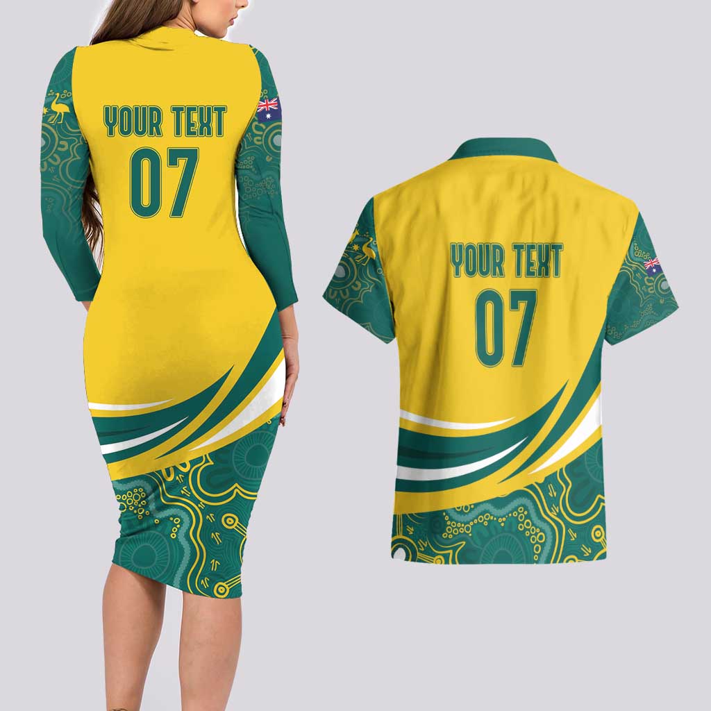 Australia 2024 Olympics Custom Couples Matching Long Sleeve Bodycon Dress and Hawaiian Shirt Rise of the Roos Aborignal Style