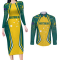 Australia 2024 Olympics Custom Couples Matching Long Sleeve Bodycon Dress and Long Sleeve Button Shirt Rise of the Roos Aborignal Style
