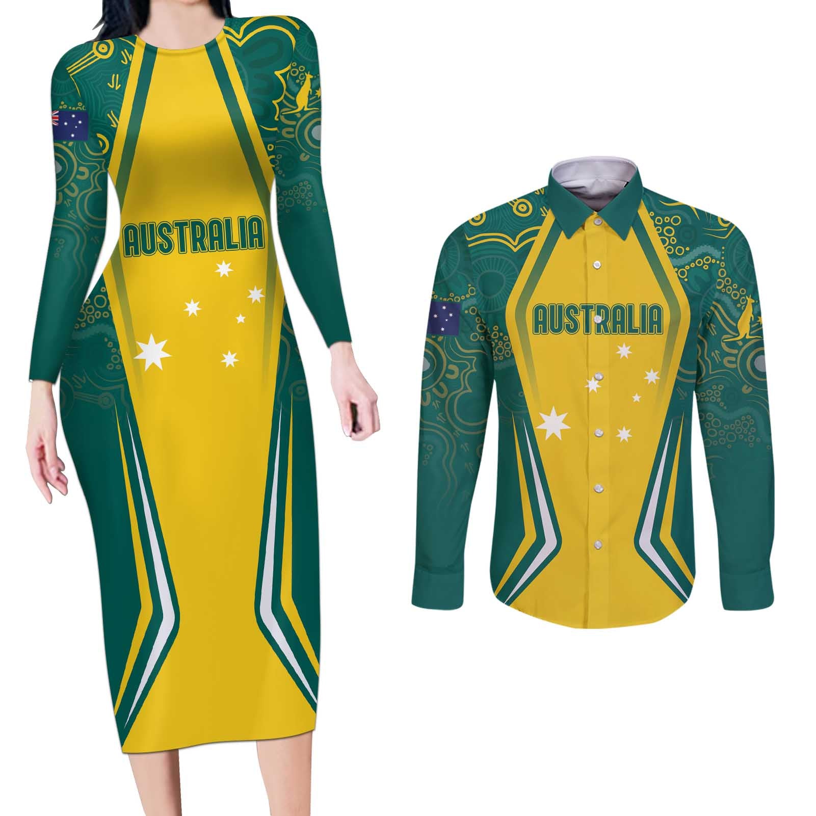 Australia 2024 Olympics Custom Couples Matching Long Sleeve Bodycon Dress and Long Sleeve Button Shirt Rise of the Roos Aborignal Style