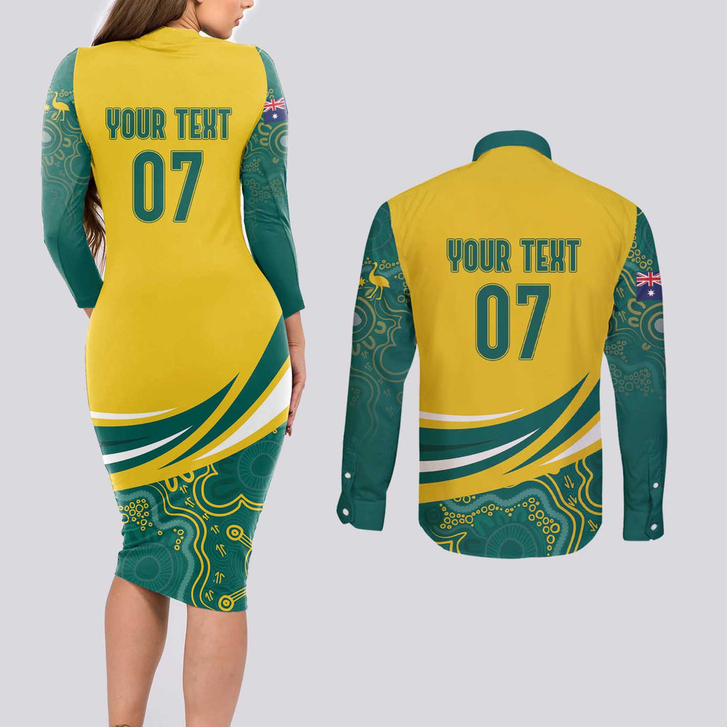 Australia 2024 Olympics Custom Couples Matching Long Sleeve Bodycon Dress and Long Sleeve Button Shirt Rise of the Roos Aborignal Style