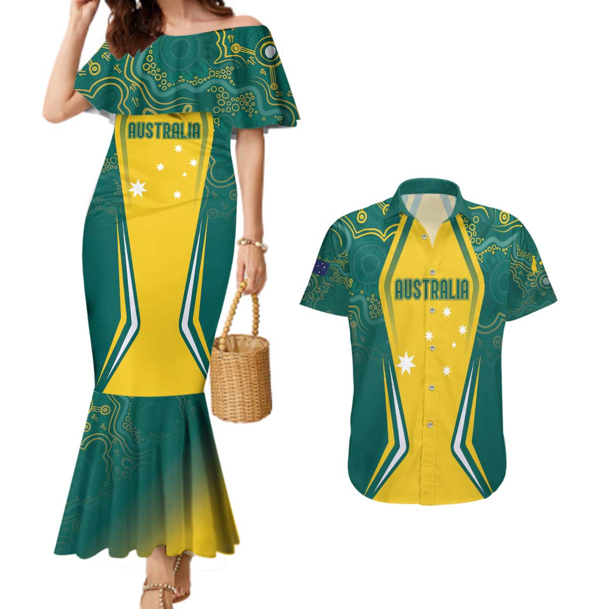 Australia 2024 Olympics Custom Couples Matching Mermaid Dress and Hawaiian Shirt Rise of the Roos Aborignal Style