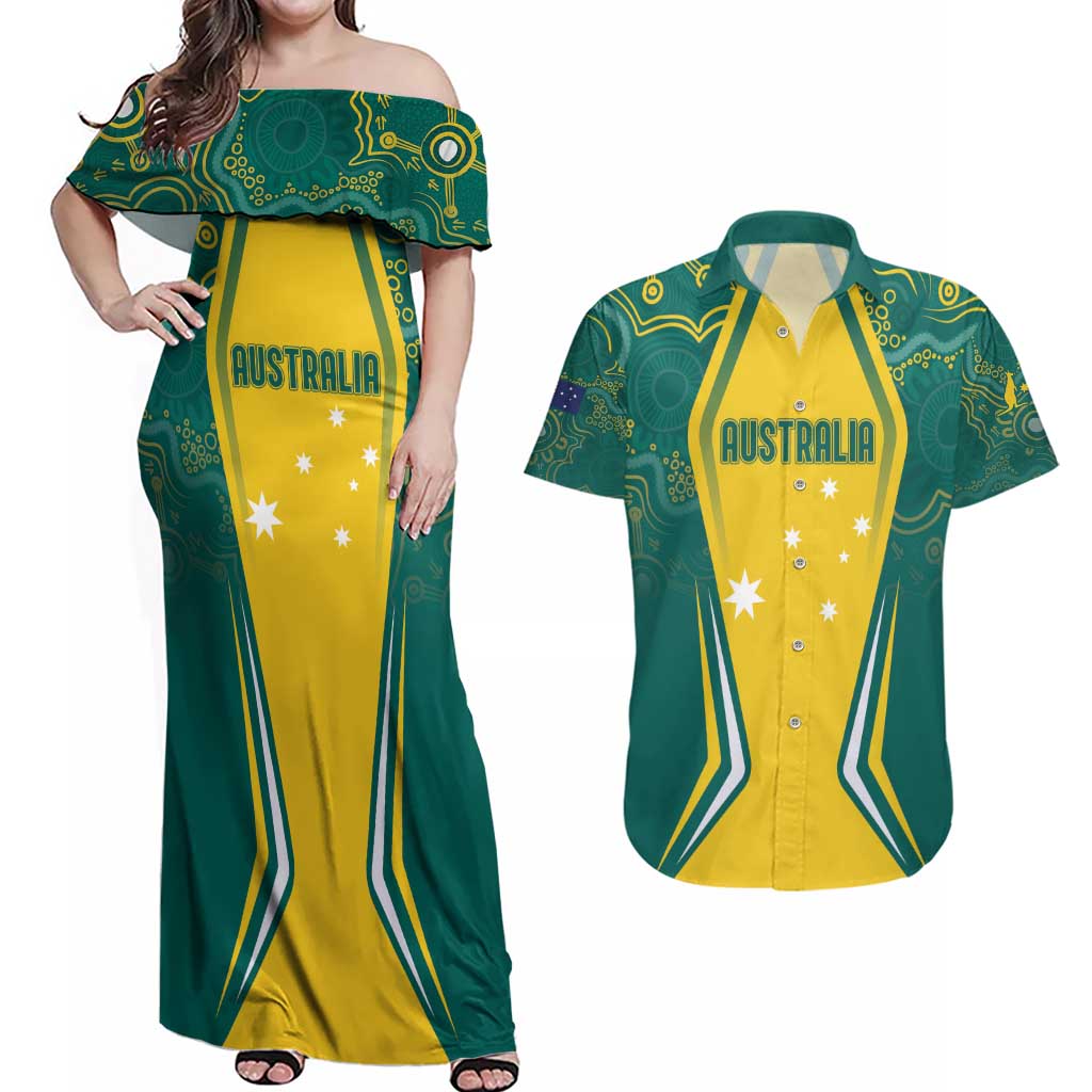 Australia 2024 Olympics Custom Couples Matching Off Shoulder Maxi Dress and Hawaiian Shirt Rise of the Roos Aborignal Style