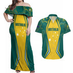 Australia 2024 Olympics Custom Couples Matching Off Shoulder Maxi Dress and Hawaiian Shirt Rise of the Roos Aborignal Style