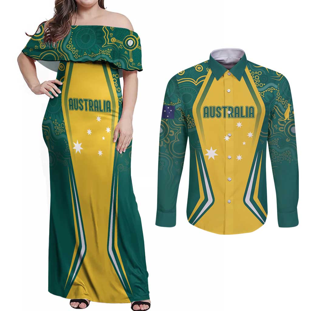 Australia 2024 Olympics Custom Couples Matching Off Shoulder Maxi Dress and Long Sleeve Button Shirt Rise of the Roos Aborignal Style