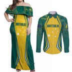 Australia 2024 Olympics Custom Couples Matching Off Shoulder Maxi Dress and Long Sleeve Button Shirt Rise of the Roos Aborignal Style