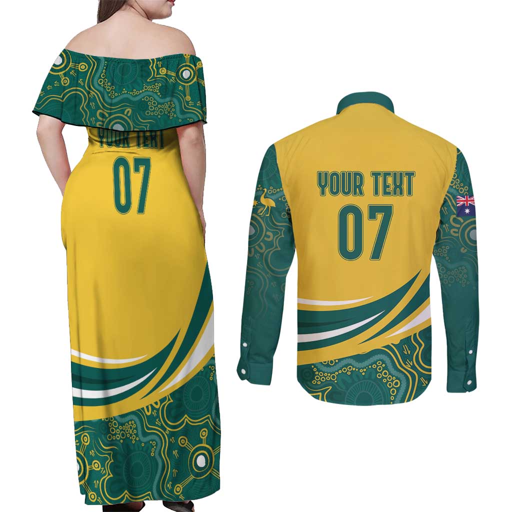 Australia 2024 Olympics Custom Couples Matching Off Shoulder Maxi Dress and Long Sleeve Button Shirt Rise of the Roos Aborignal Style
