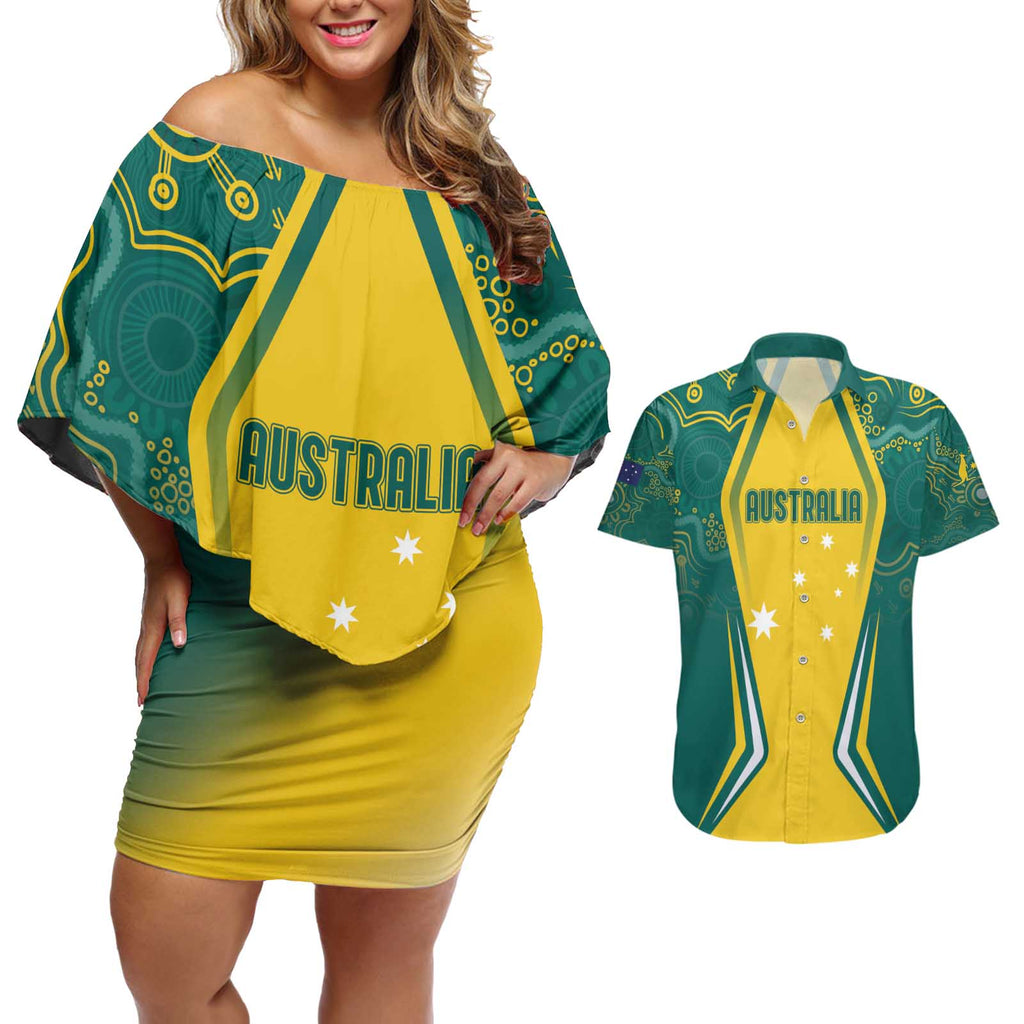 Australia 2024 Olympics Custom Couples Matching Off Shoulder Short Dress and Hawaiian Shirt Rise of the Roos Aborignal Style