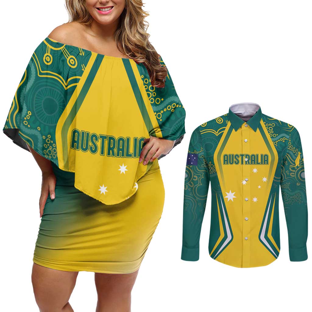 Australia 2024 Olympics Custom Couples Matching Off Shoulder Short Dress and Long Sleeve Button Shirt Rise of the Roos Aborignal Style