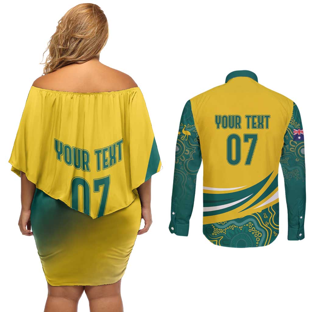 Australia 2024 Olympics Custom Couples Matching Off Shoulder Short Dress and Long Sleeve Button Shirt Rise of the Roos Aborignal Style