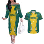 Australia 2024 Olympics Custom Couples Matching Off The Shoulder Long Sleeve Dress and Hawaiian Shirt Rise of the Roos Aborignal Style