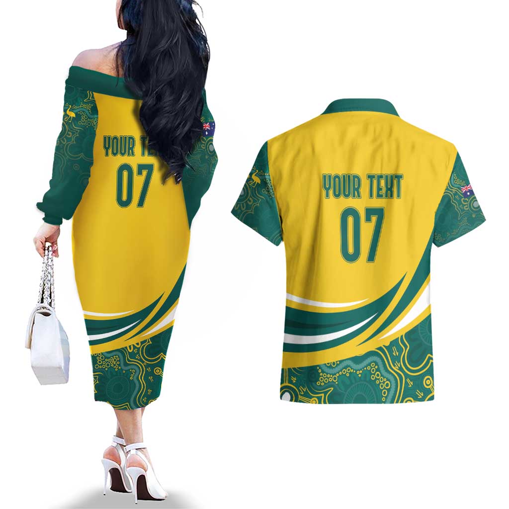Australia 2024 Olympics Custom Couples Matching Off The Shoulder Long Sleeve Dress and Hawaiian Shirt Rise of the Roos Aborignal Style