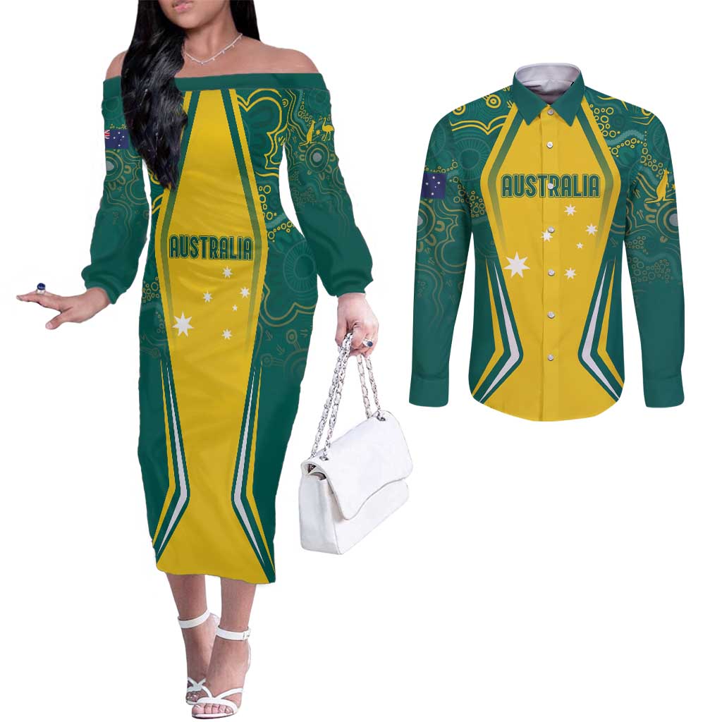 Australia 2024 Olympics Custom Couples Matching Off The Shoulder Long Sleeve Dress and Long Sleeve Button Shirt Rise of the Roos Aborignal Style