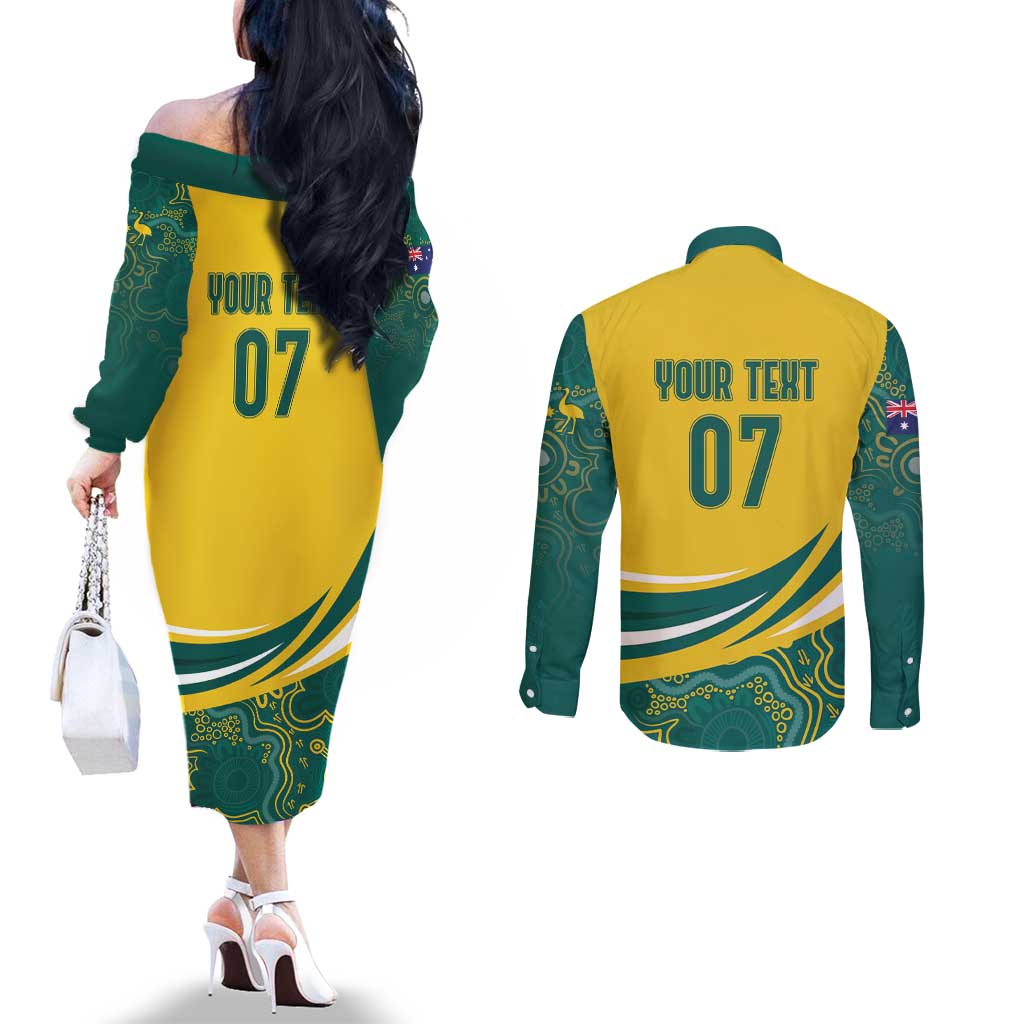 Australia 2024 Olympics Custom Couples Matching Off The Shoulder Long Sleeve Dress and Long Sleeve Button Shirt Rise of the Roos Aborignal Style