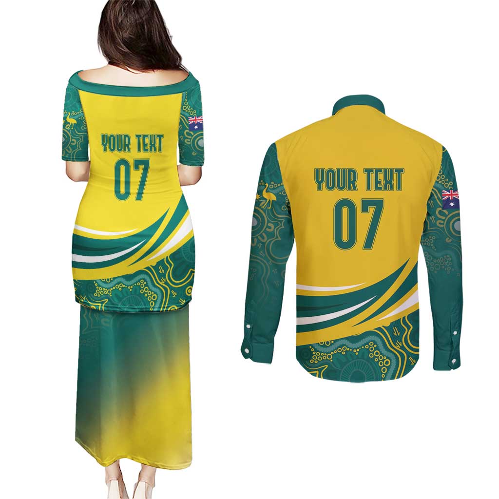 Australia 2024 Olympics Custom Couples Matching Puletasi and Long Sleeve Button Shirt Rise of the Roos Aborignal Style