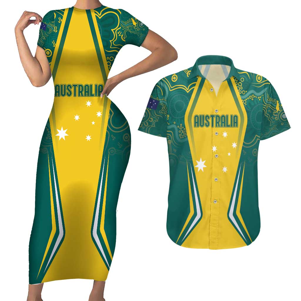 Australia 2024 Olympics Custom Couples Matching Short Sleeve Bodycon Dress and Hawaiian Shirt Rise of the Roos Aborignal Style