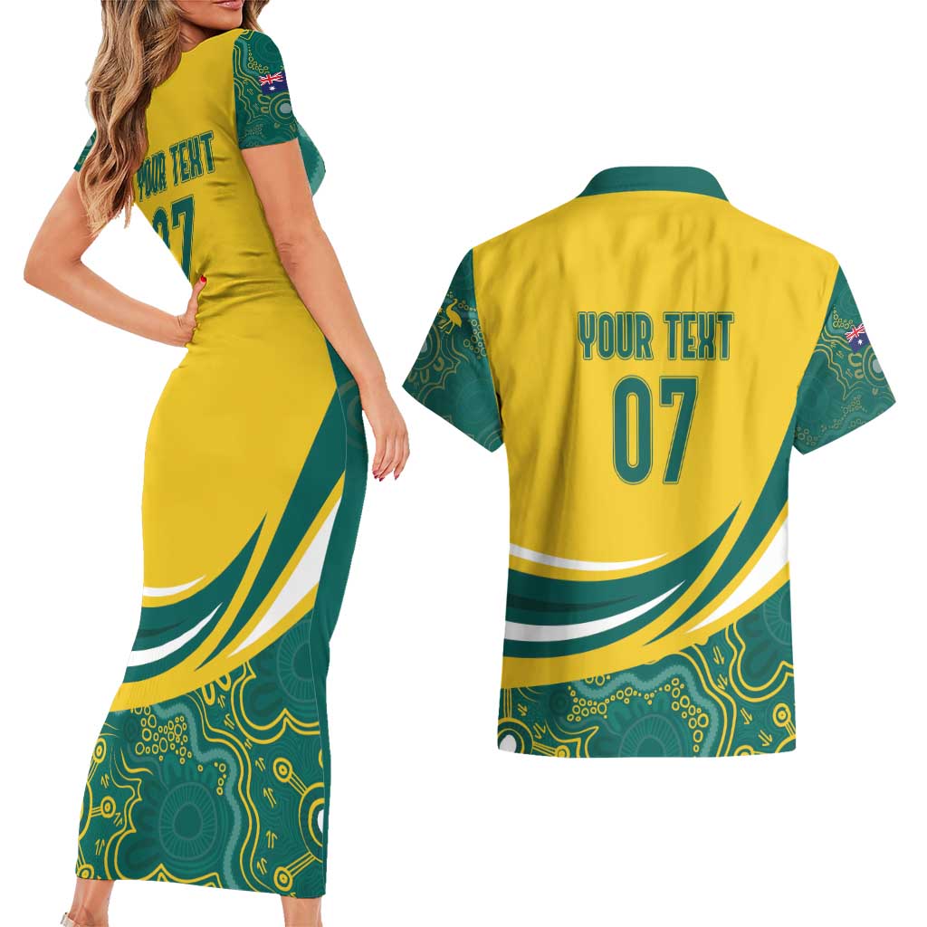 Australia 2024 Olympics Custom Couples Matching Short Sleeve Bodycon Dress and Hawaiian Shirt Rise of the Roos Aborignal Style