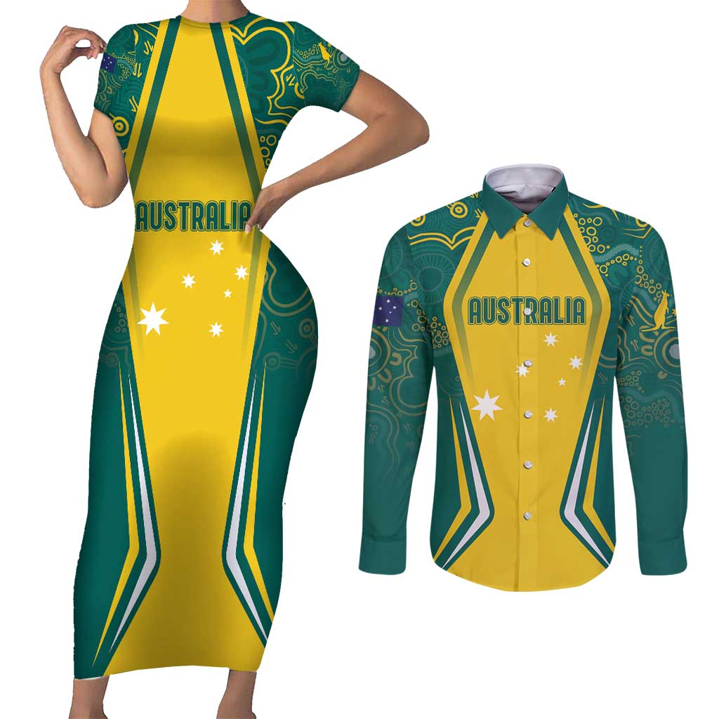 Australia 2024 Olympics Custom Couples Matching Short Sleeve Bodycon Dress and Long Sleeve Button Shirt Rise of the Roos Aborignal Style