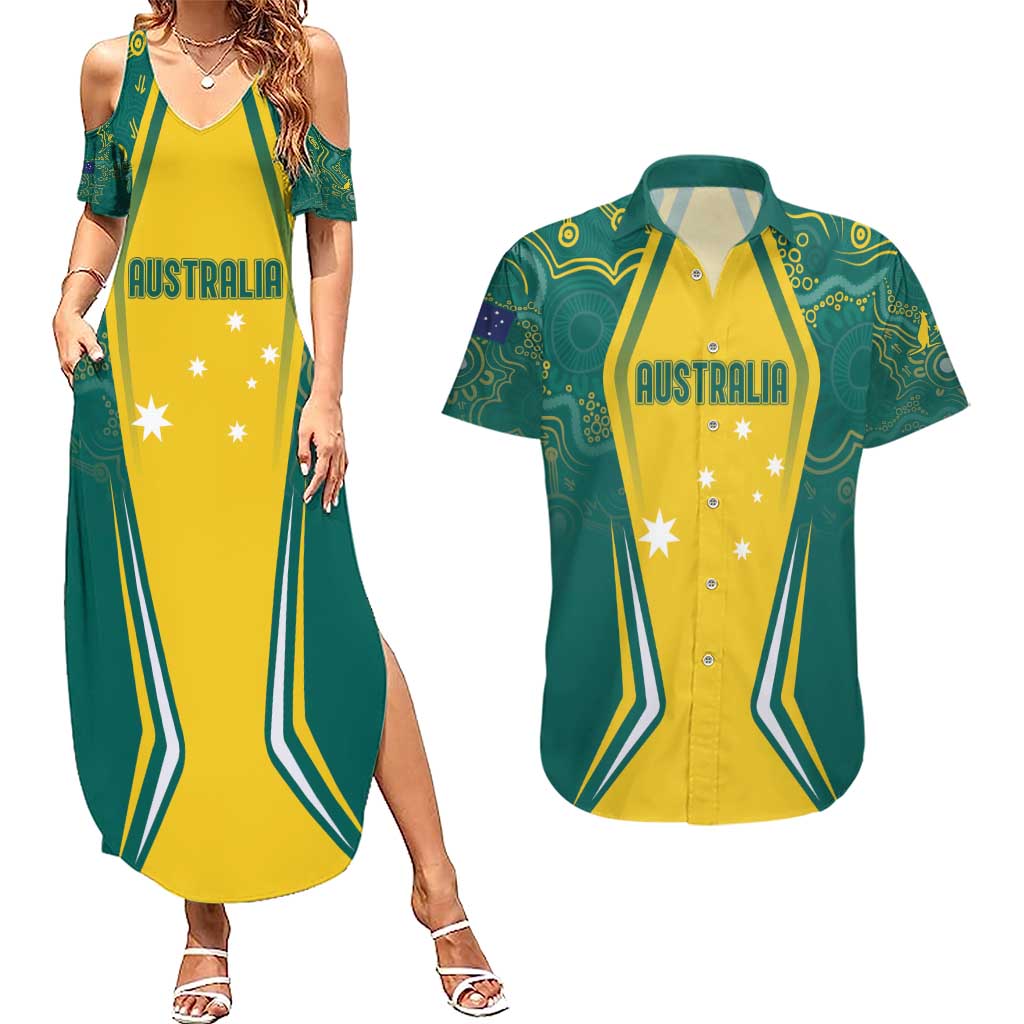 Australia 2024 Olympics Custom Couples Matching Summer Maxi Dress and Hawaiian Shirt Rise of the Roos Aborignal Style