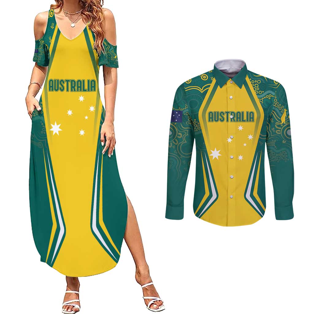 Australia 2024 Olympics Custom Couples Matching Summer Maxi Dress and Long Sleeve Button Shirt Rise of the Roos Aborignal Style