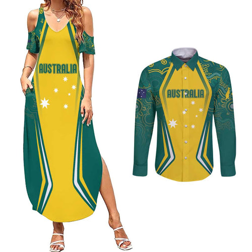 Australia 2024 Olympics Custom Couples Matching Summer Maxi Dress and Long Sleeve Button Shirt Rise of the Roos Aborignal Style