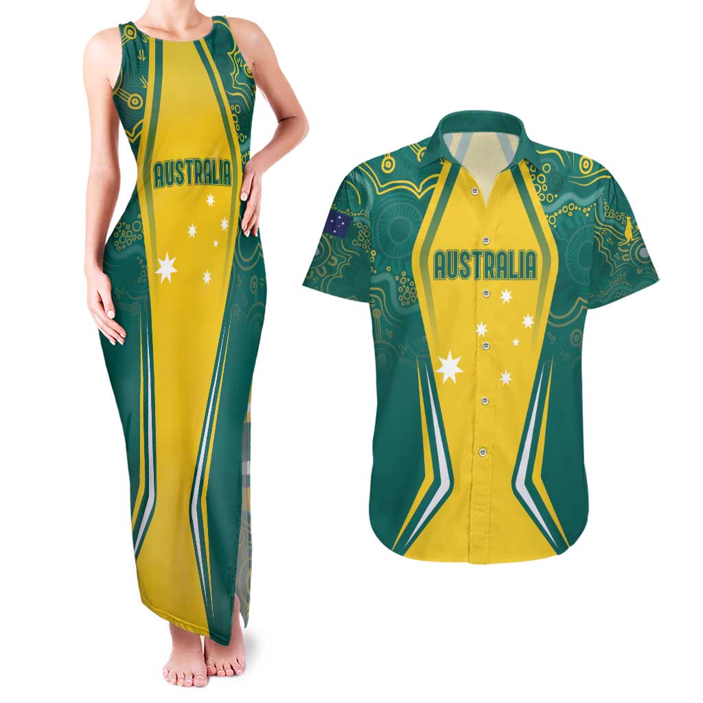 Australia 2024 Olympics Custom Couples Matching Tank Maxi Dress and Hawaiian Shirt Rise of the Roos Aborignal Style