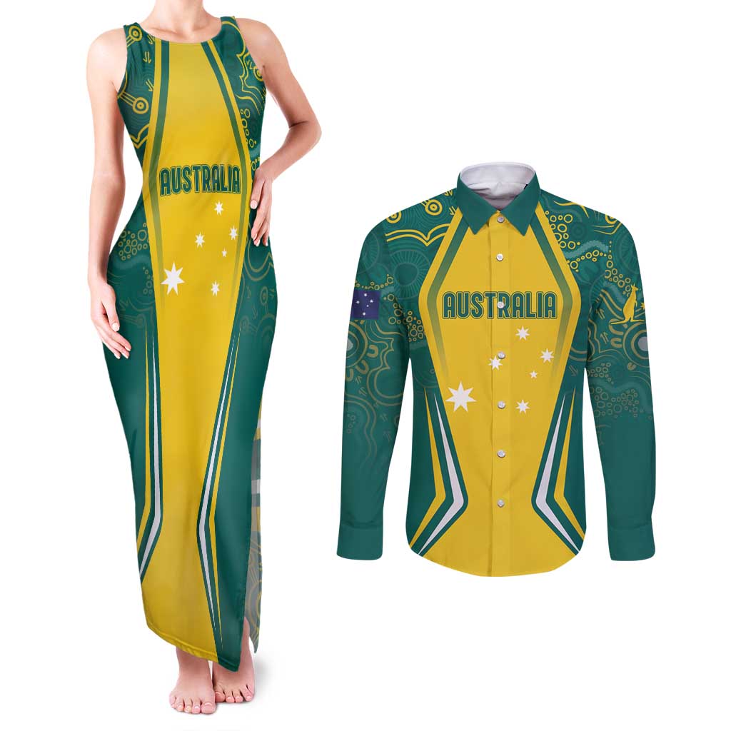 Australia 2024 Olympics Custom Couples Matching Tank Maxi Dress and Long Sleeve Button Shirt Rise of the Roos Aborignal Style