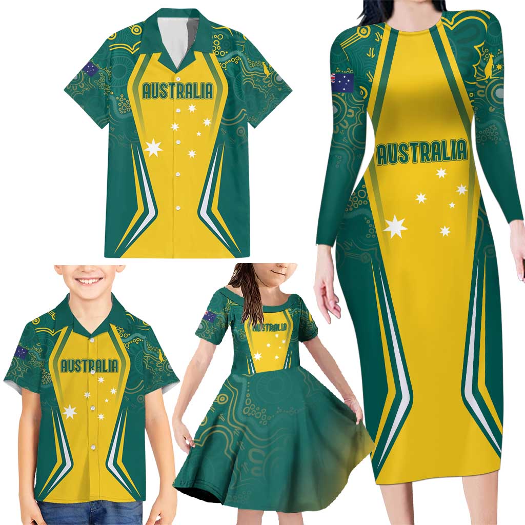Australia 2024 Olympics Custom Family Matching Long Sleeve Bodycon Dress and Hawaiian Shirt Rise of the Roos Aborignal Style