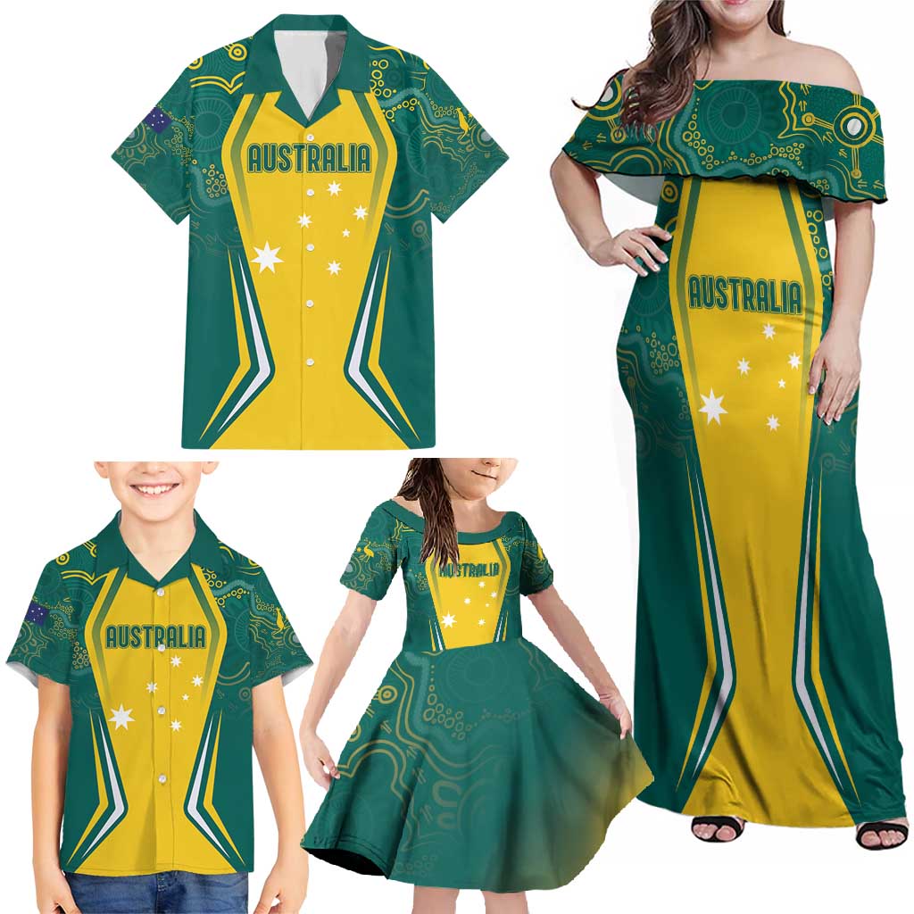 Australia 2024 Olympics Custom Family Matching Off Shoulder Maxi Dress and Hawaiian Shirt Rise of the Roos Aborignal Style