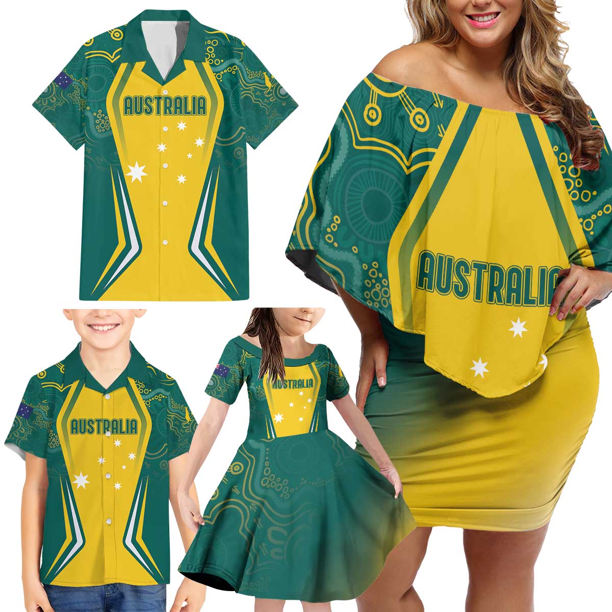 Australia 2024 Olympics Custom Family Matching Off Shoulder Short Dress and Hawaiian Shirt Rise of the Roos Aborignal Style
