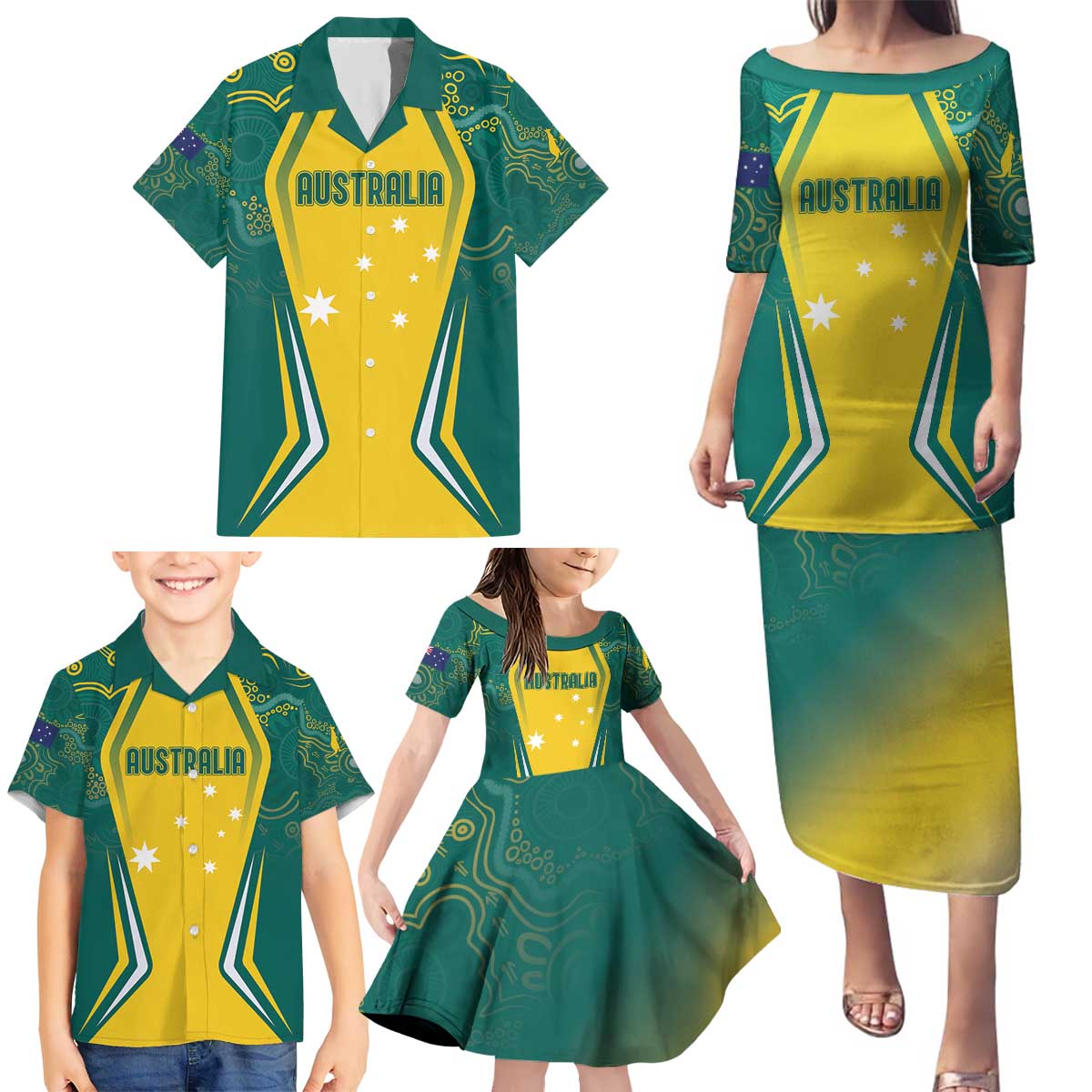 Australia 2024 Olympics Custom Family Matching Puletasi and Hawaiian Shirt Rise of the Roos Aborignal Style