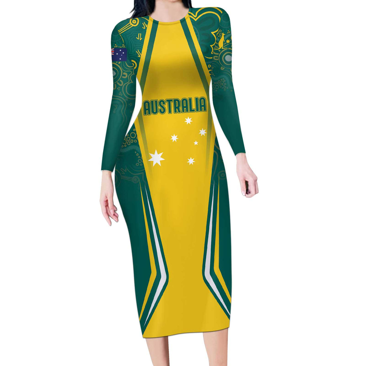 Australia 2024 Olympics Custom Long Sleeve Bodycon Dress Rise of the Roos Aborignal Style