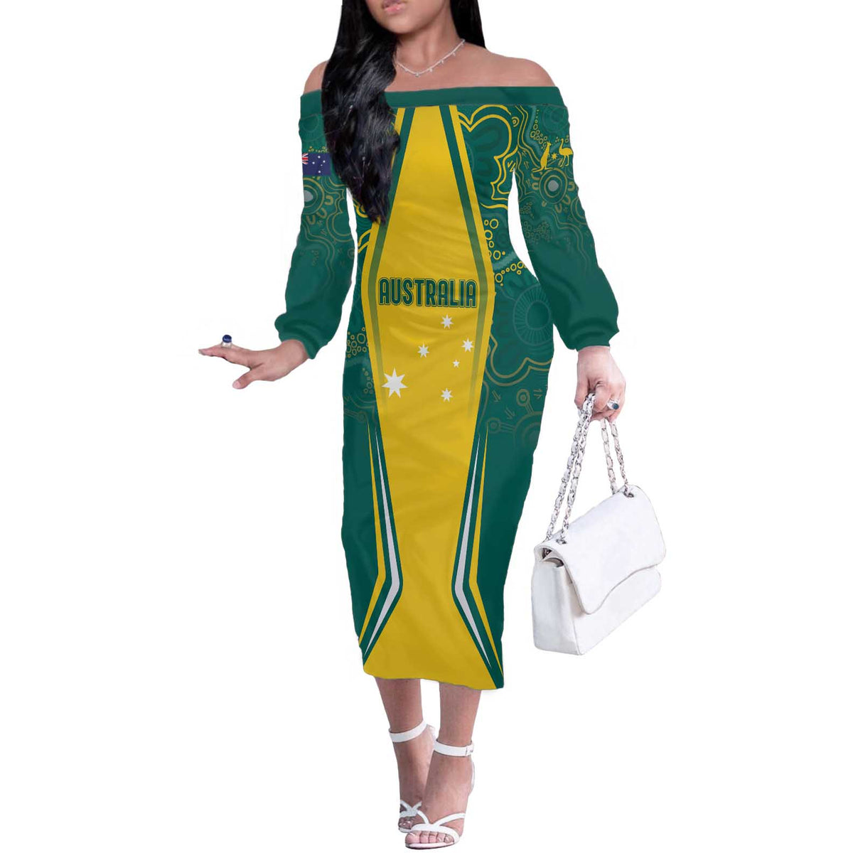 Australia 2024 Olympics Custom Off The Shoulder Long Sleeve Dress Rise of the Roos Aborignal Style