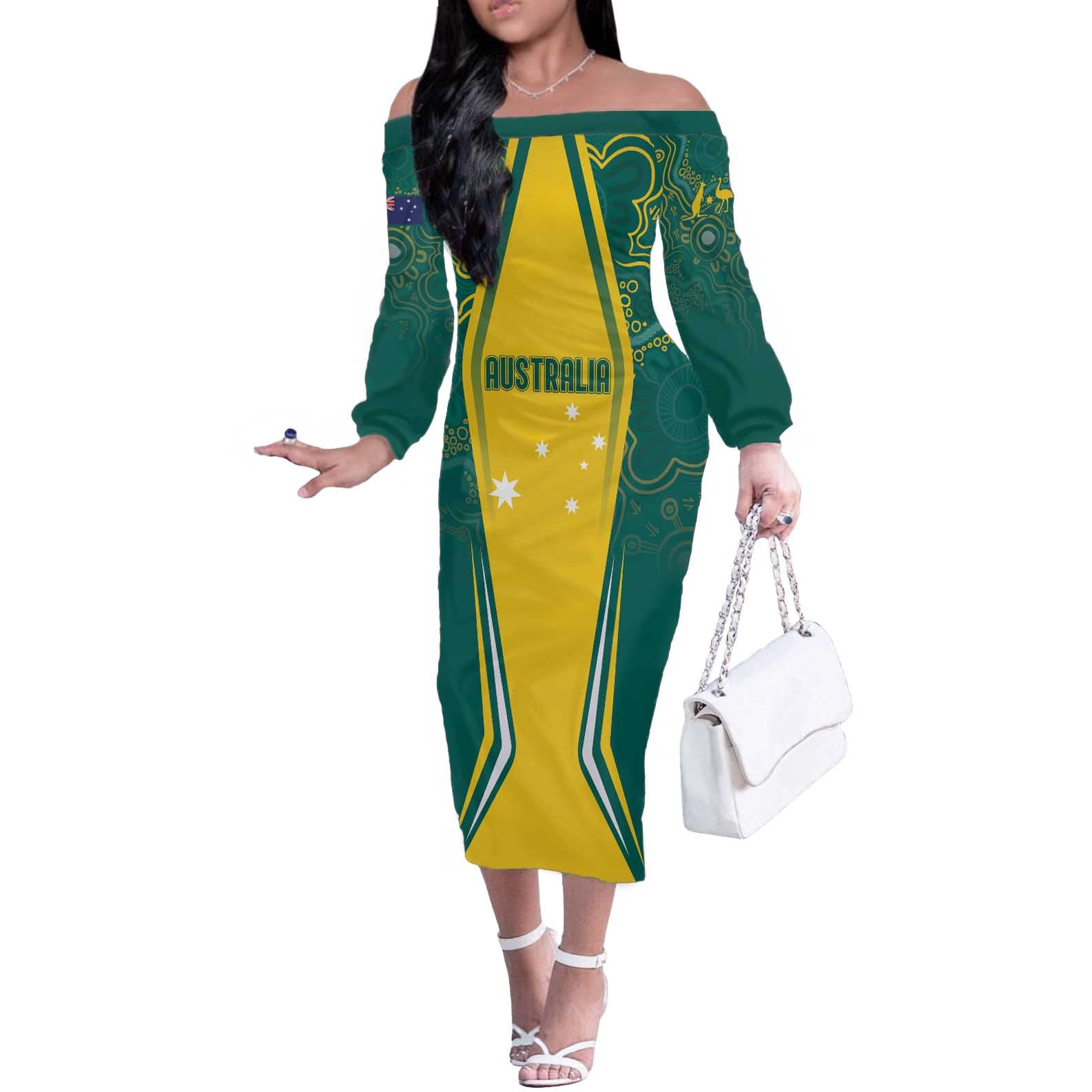 Australia 2024 Olympics Custom Off The Shoulder Long Sleeve Dress Rise of the Roos Aborignal Style