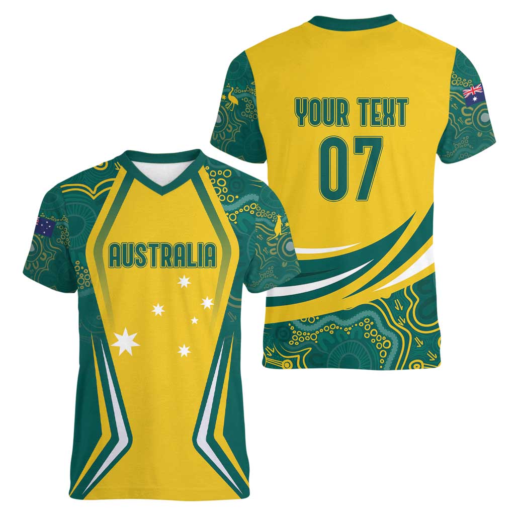 Australia 2024 Olympics Custom Women V-Neck T-Shirt Rise of the Roos Aborignal Style