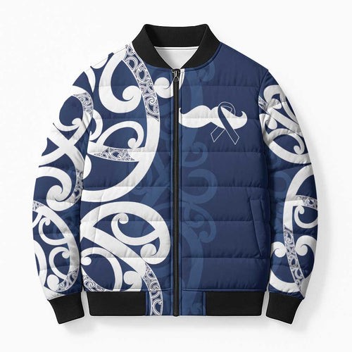 New Zealand Maori Mo Bros Bomber Puffer Jacket Blue Ribbon With Koru Kowhaiwhai - Aussie Hoodie