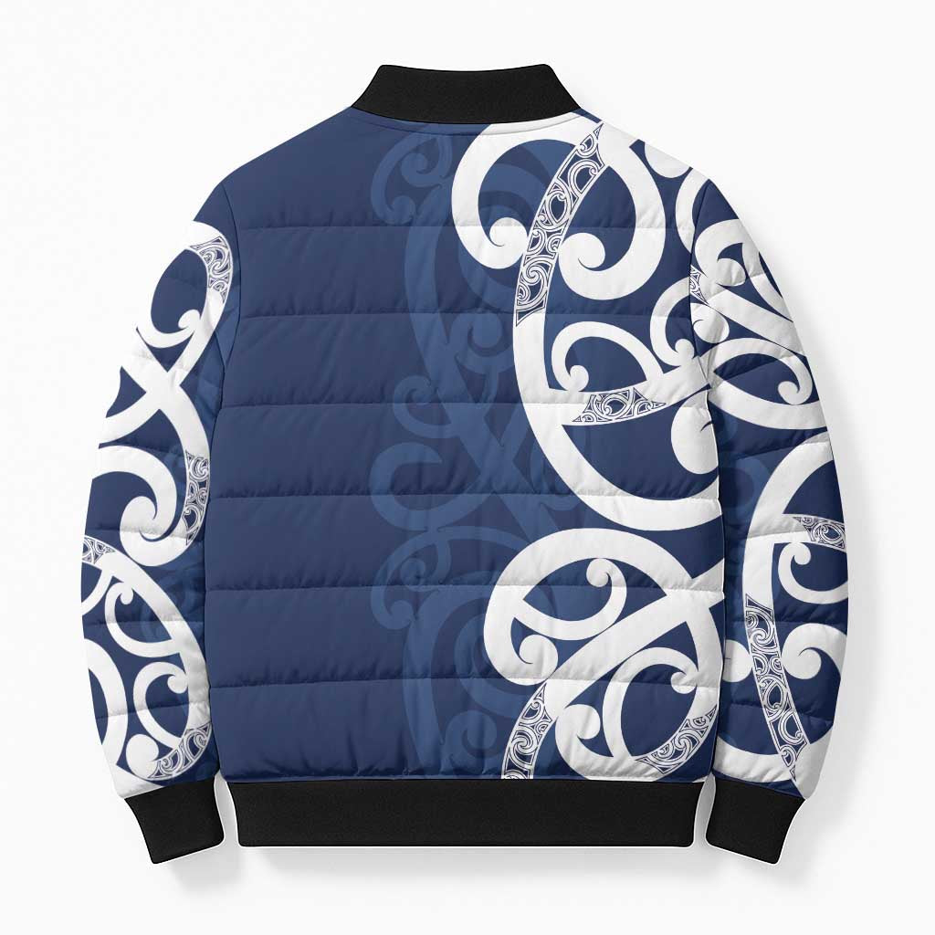 New Zealand Maori Mo Bros Bomber Puffer Jacket Blue Ribbon With Koru Kowhaiwhai - Aussie Hoodie