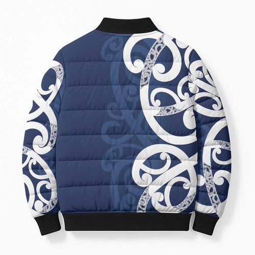 New Zealand Maori Mo Bros Bomber Puffer Jacket Blue Ribbon With Koru Kowhaiwhai - Aussie Hoodie