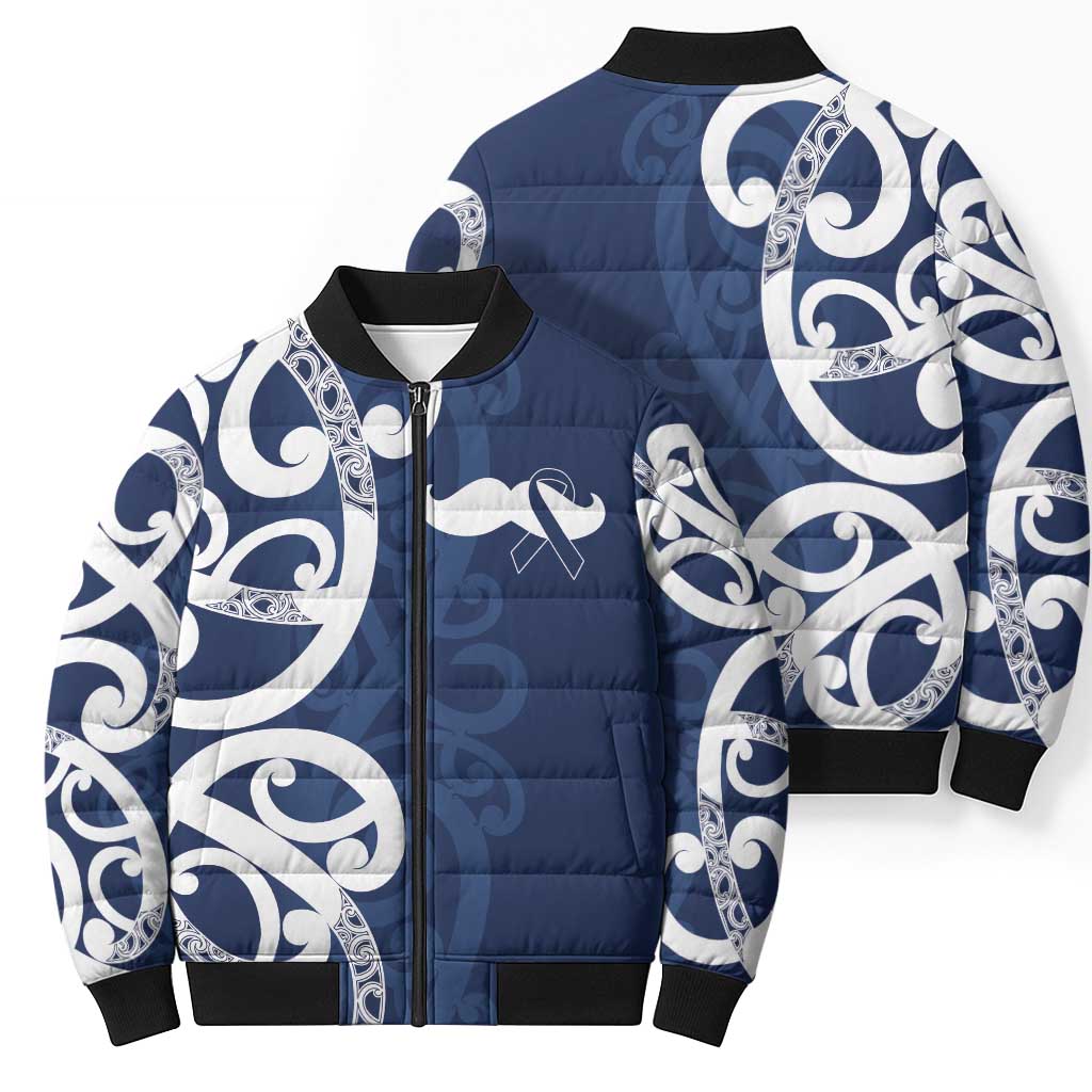 New Zealand Maori Mo Bros Bomber Puffer Jacket Blue Ribbon With Koru Kowhaiwhai - Aussie Hoodie