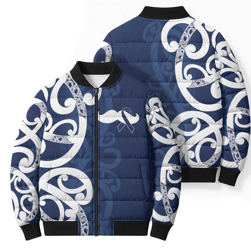 New Zealand Maori Mo Bros Bomber Puffer Jacket Blue Ribbon With Koru Kowhaiwhai - Aussie Hoodie
