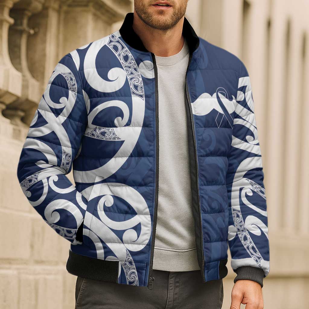 New Zealand Maori Mo Bros Bomber Puffer Jacket Blue Ribbon With Koru Kowhaiwhai - Aussie Hoodie