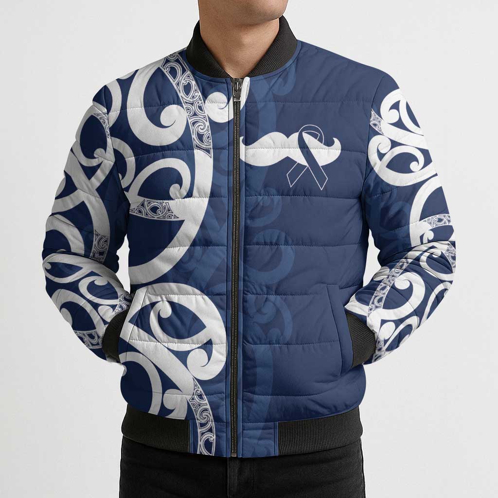 New Zealand Maori Mo Bros Bomber Puffer Jacket Blue Ribbon With Koru Kowhaiwhai - Aussie Hoodie