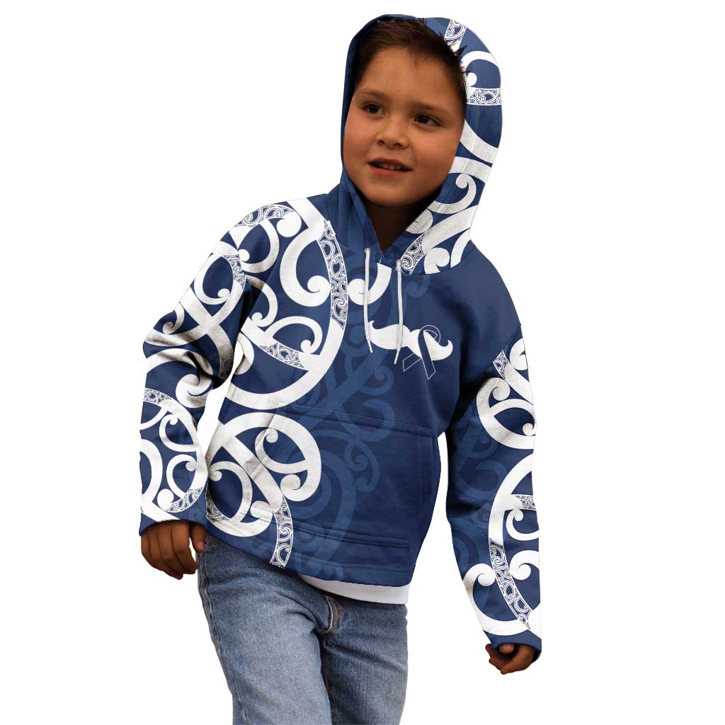 New Zealand Maori Mo Bros Kid Hoodie Blue Ribbon With Koru Kowhaiwhai - Aussie Hoodie
