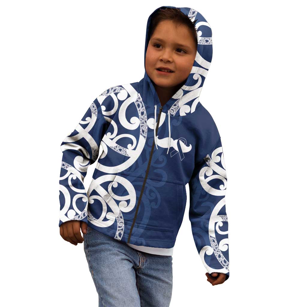 New Zealand Maori Mo Bros Kid Hoodie Blue Ribbon With Koru Kowhaiwhai - Aussie Hoodie