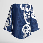 New Zealand Maori Mo Bros Kimono Sleeve Blouse Blue Ribbon With Koru Kowhaiwhai - Aussie Hoodie