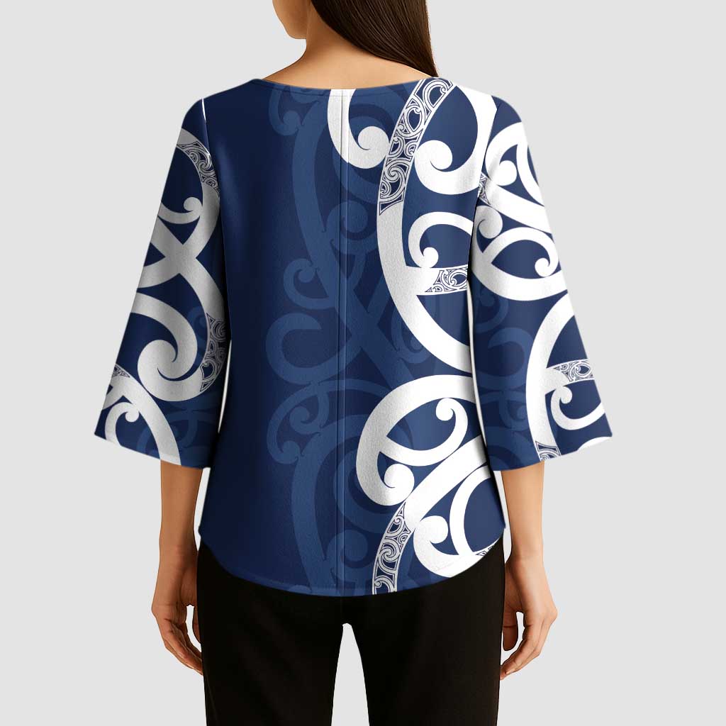New Zealand Maori Mo Bros Kimono Sleeve Blouse Blue Ribbon With Koru Kowhaiwhai - Aussie Hoodie